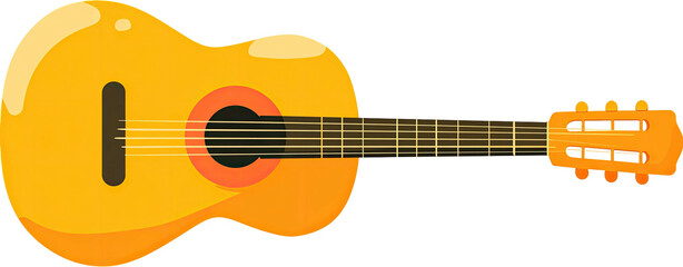 Obraz premium A brightly colored, cartoon-style acoustic instrument with strings, fretboard, and body details