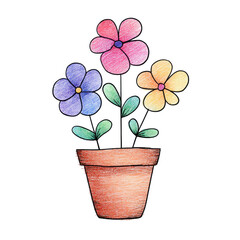 A pencil-drawn illustration of three colorful flowers growing from a clay pot