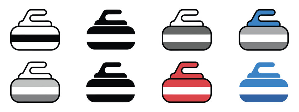 Curling stone icons vector different handle colors winter sports equipment game elements professional digital illustrations.