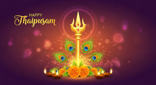 Happy Thaipusam Golden Vel and Peacock Feather Illustration
