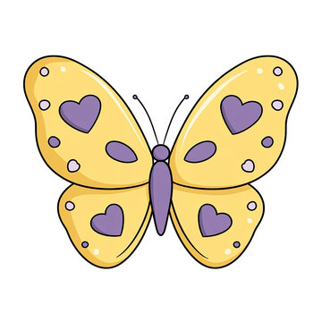 A cheerful cartoon butterfly with yellow wings, purple heart details, and a black background