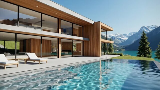 Luxury Modern Villa with Infinity Pool Overlooking a Serene Alpine Lake Surrounded by Majestic Mountains and Lush Greenery
