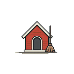A red dog house with a arched doorway and white roof line, next to a brown broom