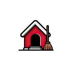 A red house with a white roof and broom on a black background, representing cleanliness
