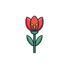 A simple, symmetrical illustration of a blooming red flower with green stem and leaves