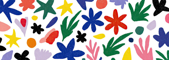 Colorful, whimsical abstract floral illustration featuring a variety of organic shapes on a textured black background