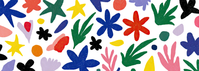 Colorful, whimsical abstract floral illustration featuring a variety of organic shapes on a textured black background