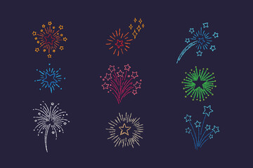 Fireworks doodle crayon set. Colorful pencil drawn lightning, explosion, sun rays, swirls, firecrackers, sparkles, motion effects. Bursting rays line icon. Vector illustration in kid's style