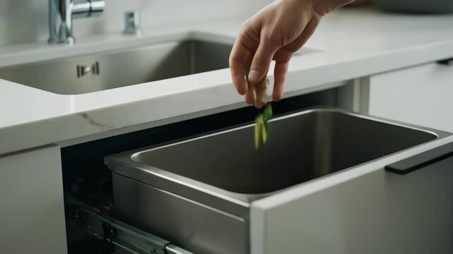 A hand discards avocado scraps into a sleek, integrated compost bin built into a modern kitchen drawer, promoting sustainable food waste management and an eco-friendly lifestyle