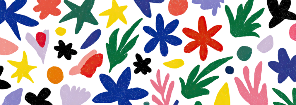 Colorful, whimsical abstract floral illustration featuring a variety of organic shapes on a textured black background - Powered by Adobe