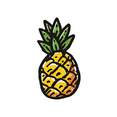 Hand-drawn style illustration of a pineapple with yellow body, green spiky crown, and black background