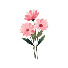 Three pink daisy-like watercolor flowers with green leaves and stems against a black backdrop