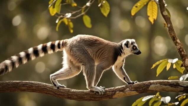 Ring-tailed Lemur Gracefully Walking Along a Branch in Natural Habitat