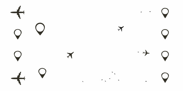 Minimalist illustration of airplanes location pins and small x marks on white