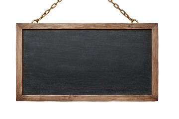 A blank rectangular chalkboard with a wooden frame is suspended by chains on a black background