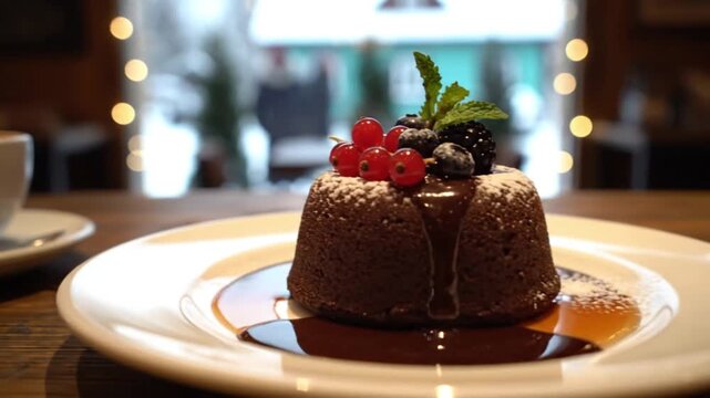 A decadent chocolate dessert is beautifully presented on a pristine white plate, featuring a rich, molten chocolate cake generously adorned with vibrant redcurrants, dark berries, and a fresh mint lea