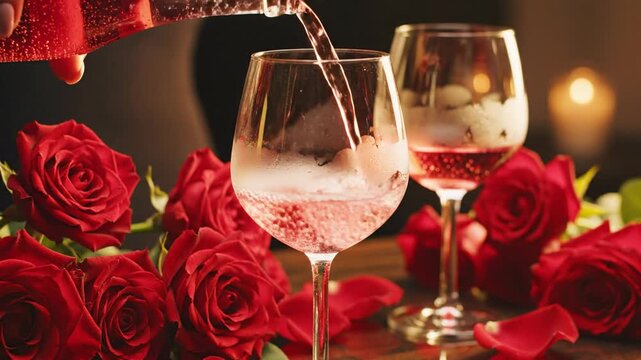 Cinematic slow motion capture of a bottle pouring pink wine into glass stemware surrounded by floral blossoms in a garden