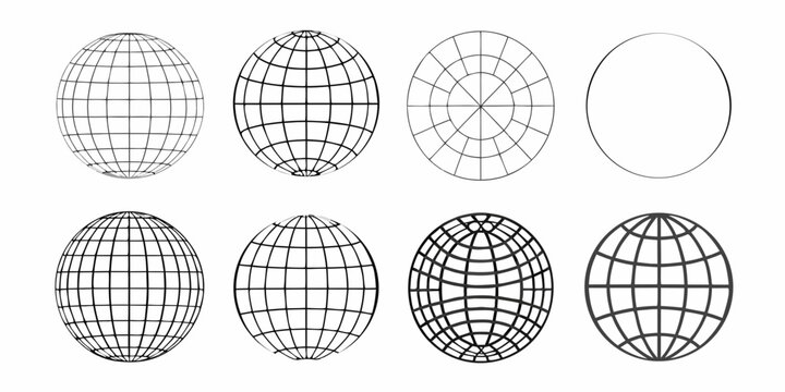 A series of progressively simplified sphere and ellipsoid wireframe representations