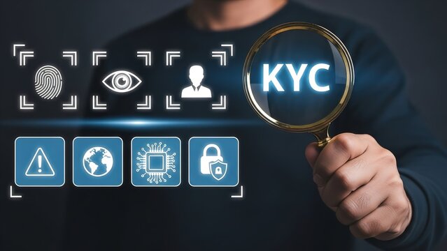 A person holding a magnifying glass over "KYC" with various security and identity verification icons displayed digitally.