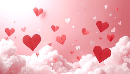A whimsical digital illustration of red and white hearts floating amidst fluffy white clouds in a soft pink sky.
