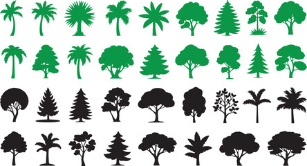 Diverse collection of green and black tree silhouettes representing various species and foliage types