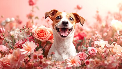 A happy dog surrounded by beautiful flowers in a vibrant and colorful setting.
