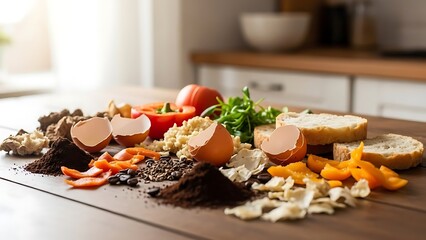 Variety of food scraps arranged on a wooden table for composting