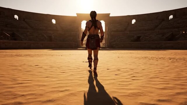 Gladiator Warrior Walking into Ancient Roman Colosseum Arena at Sunset.