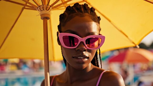 Stunning cinematic closeup of a stylish fashion model wearing vibrant pink designer sunglasses under a radiant yellow glow featuring elegant slow motion movement and modern aesthetic appeal