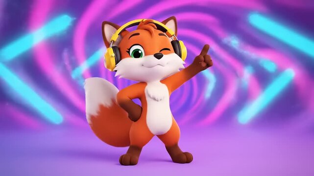 Animated fox character with headphones winking and pointing finger on a purple background with neon lights