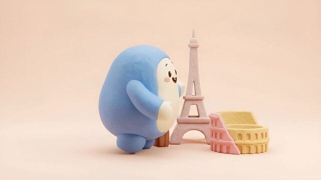 kids travel animation mascot, cute 3D character branding video, Cute 3D Travel Mascot Paris Eiffel Tower Animation, Cute 3D Travel Mascot Paris Eiffel Tower Animation Style