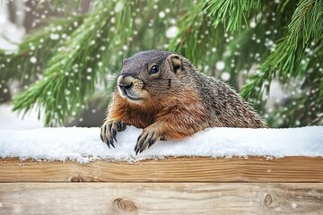Groundhog resting on a snowy wooden fence surrounded by evergreen trees, creating a charming educational display for children about wildlife