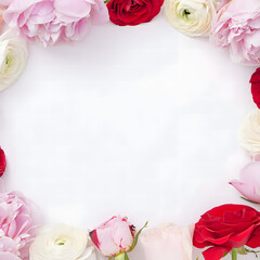 Romantic Floral Frame with Peonies and Red Roses