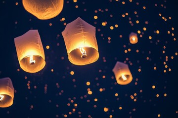 Glowing sky lanterns floating in the night sky, Lantern Festival. Aerial view of diverse individuals gathering with glowing lanterns illuminating the scene