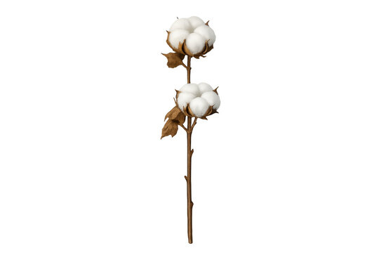 Cotton branch with two fluffy white bolls on a stem, natural raw material, textile production, transparent background