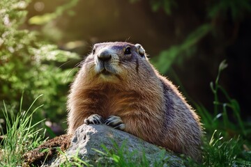 Groundhog centered in lush green grass, showcasing its features and expressions, perfect for Groundhog Day news headlines and seasonal storytelling