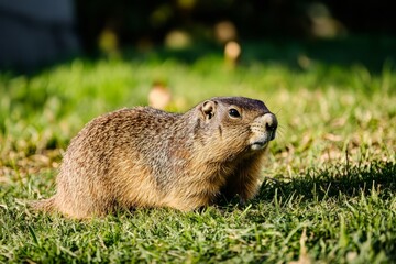 Groundhog centered in lush green grass, showcasing its features and expressions, perfect for Groundhog Day news headlines and seasonal storytelling