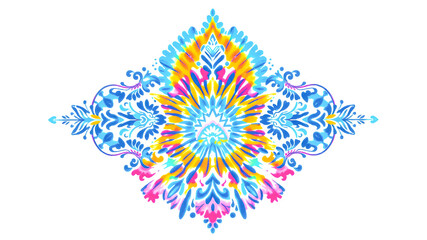 Vibrant abstract floral design featuring a colorful psychedelic mandala pattern with fractal swirls and summer nature ornaments 
