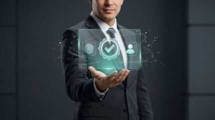 Corporate executive holding holographic digital identity verification badge with biometrics