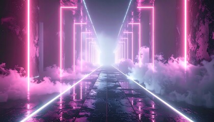 Futuristic hallway with vibrant neon lights and vapor effects, creating a sense of depth and ethereal atmosphere