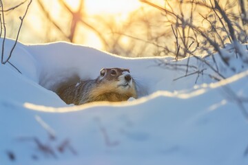 Groundhog emerging from snowy burrow in untouched winter habitat, surrounded by delicate branches and soft sunlight, capturing the essence of Groundhog Day