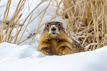 Groundhog resting in untouched winter habitat, surrounded by snow and tall grass, showcasing the serene beauty of a natural winter landscape