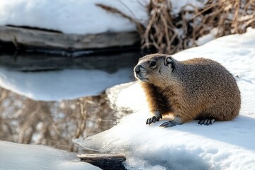 Groundhog resting in untouched winter habitat, surrounded by snow and tall grass, showcasing the serene beauty of a natural winter landscape