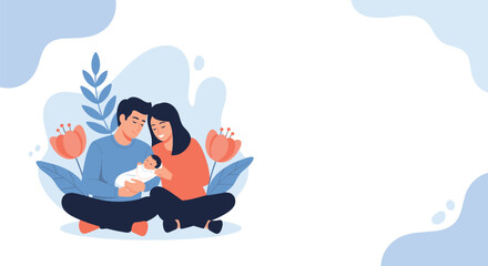 Obraz premium Happy young couple sitting on the ground cradling their newborn baby while surrounded by oversized and colorful flowers.