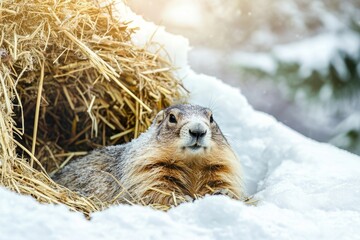 Groundhog resting in untouched winter habitat, surrounded by snow and tall grass, showcasing the serene beauty of a natural winter landscape