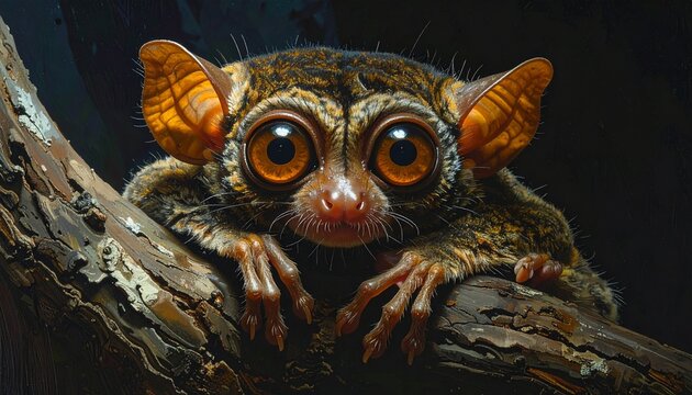 Close-up portrait of wide-eyed tarsier clinging to tree branch in dark forest at night