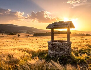 A sunlit, rustic well sits in a golden field at sunset. Mountains and forests frame the picturesque landscape