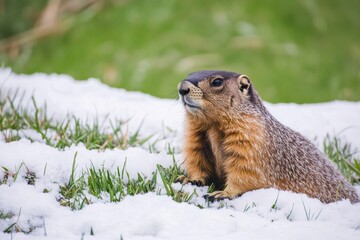 Groundhog resting in untouched winter habitat, surrounded by snow and tall grass, showcasing the serene beauty of a natural winter landscape