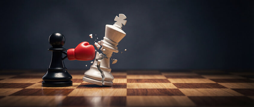 Chess Pawn Defeating King with Hidden Boxing Glove, Business Strategy Concept