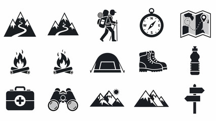 Camping Hiking Outdoor Adventure Icons Set.